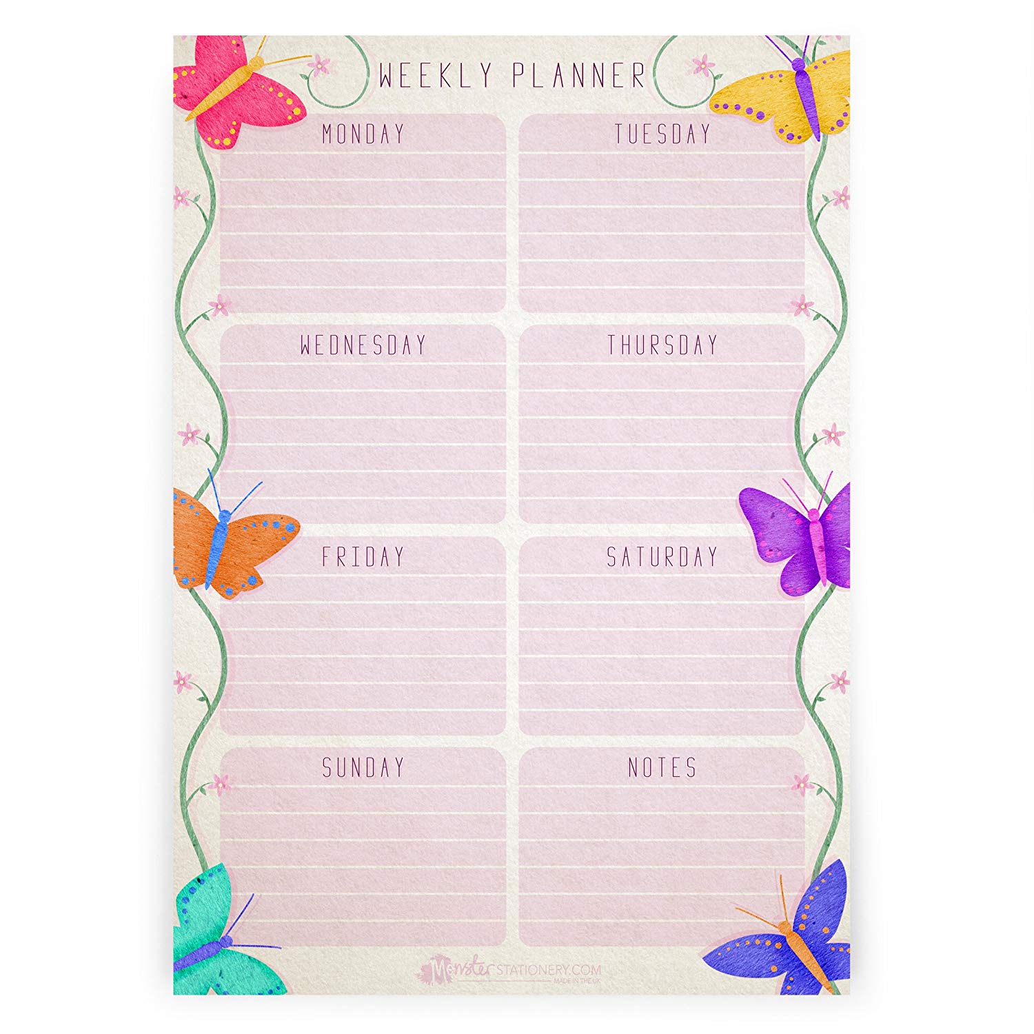Monster Stationery - Butterfly Design - A4 Weekly Planner/Things to Do Today/Desk Schedule/to Do Pad - 60 Sheet - 80gsm - Made in UK - Image 2