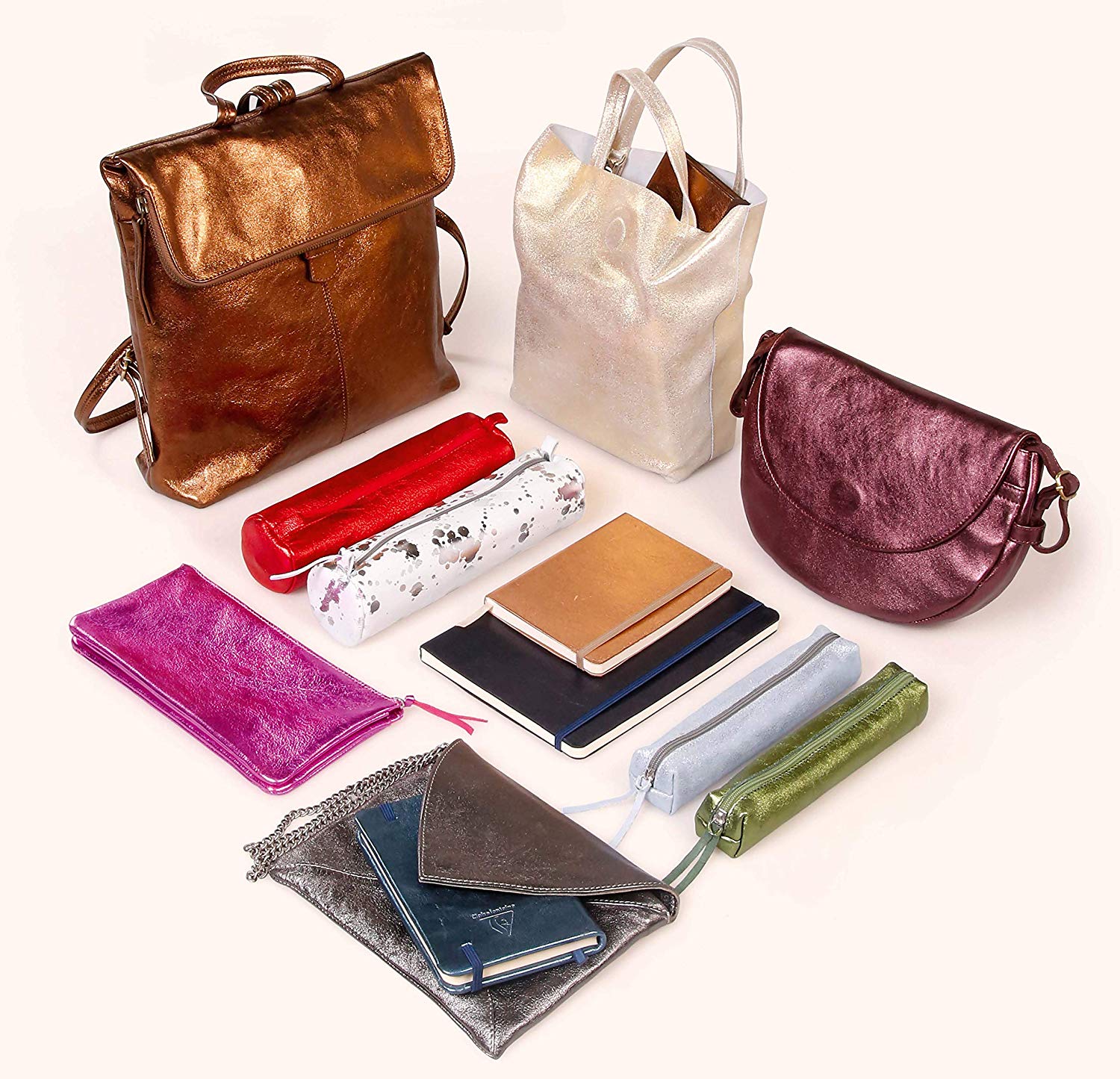 Clairefontaine 8692C, Round Gold Iridescent Effect School Pencil Case diameter 5,5x22 cm in Genuine Lambskin Leather - Image 3