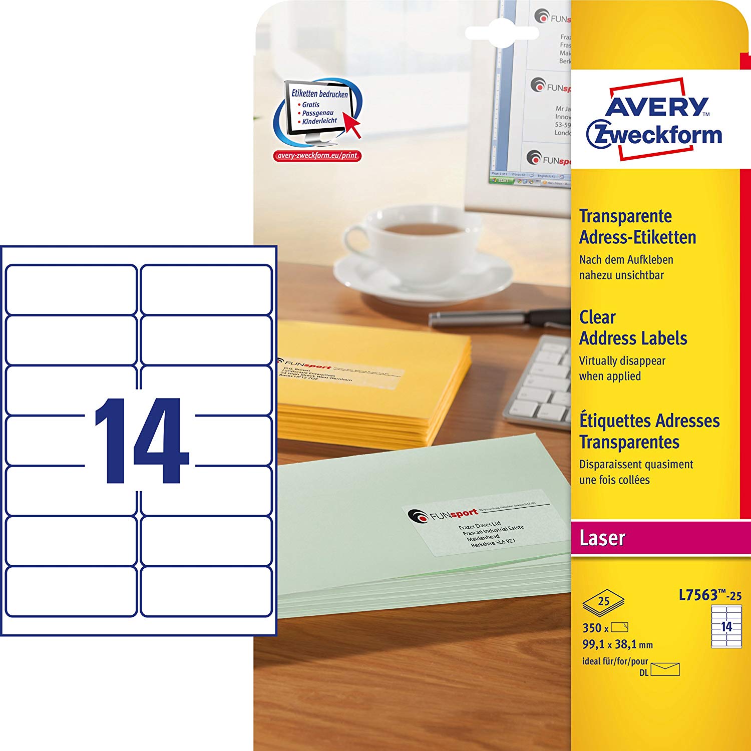 Avery Zweckform L7563-25 Universal Address Labels 25 Sheets / 350 Labels / 99.1 x 38.1 mm/Transparent, Clear, 25 Blatt