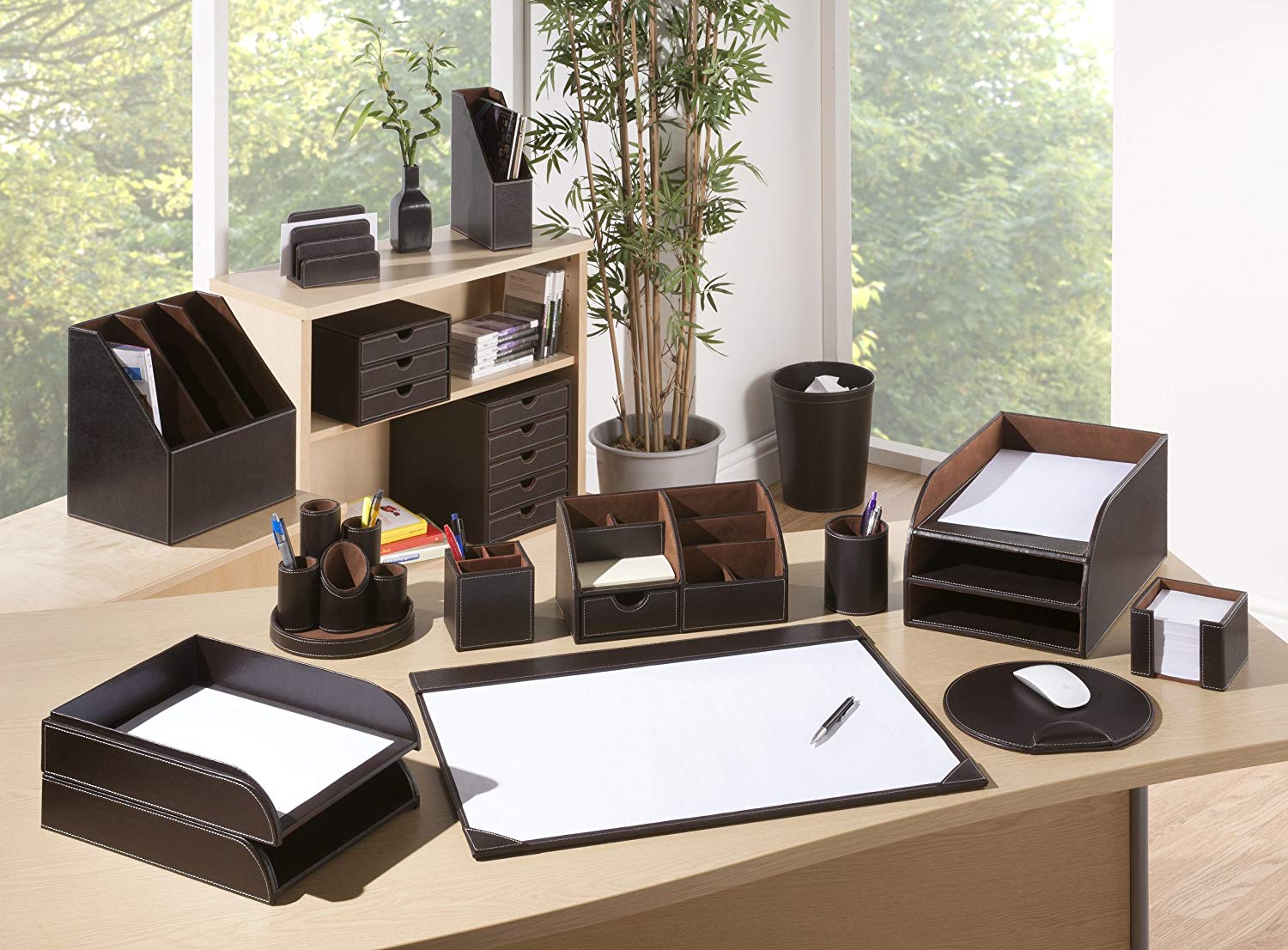 OSCO Faux Leather Letter Tray A4 - Stackable Desk Organiser Paper Sorter, Office Document Storage, Brown, Single, 6.5×24.7×33.3 cm - Image 2
