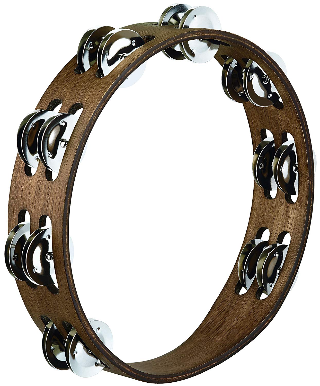 Meinl Percussion Traditional Wood Tambourine - 2-Row Tambourine - 10-inch Diameter - Siam Oak / Steel, Walnut Brown / Natural (TA2WB)