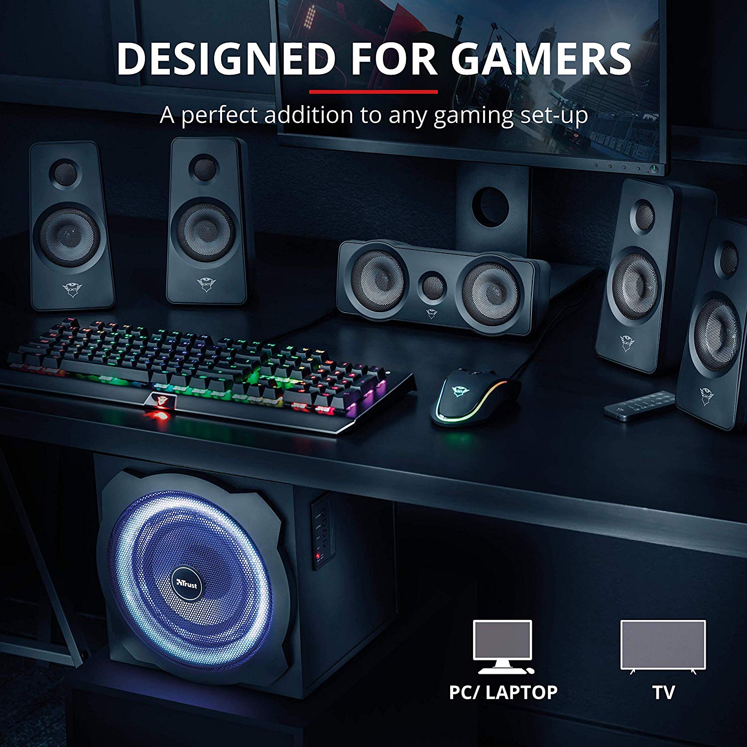 Trust Gaming GXT 658 Tytan 5.1 Surround Sound Speaker System, PC Speakers with Subwoofer, UK Plug, LED Illuminated, 180 W - Black/Blue - Image 4