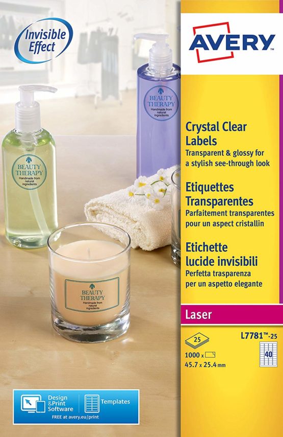 Avery L7781-25 Self-Adhesive Crystal Clear Transparent Labels, 40 Labels Per A4 Sheet - Image 3
