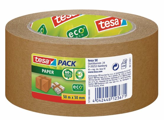 tesa Paper Packaging Tape Made From Recycled Materials for Packing Parcels and Boxes 50 m x 50 mm - Pack of 6