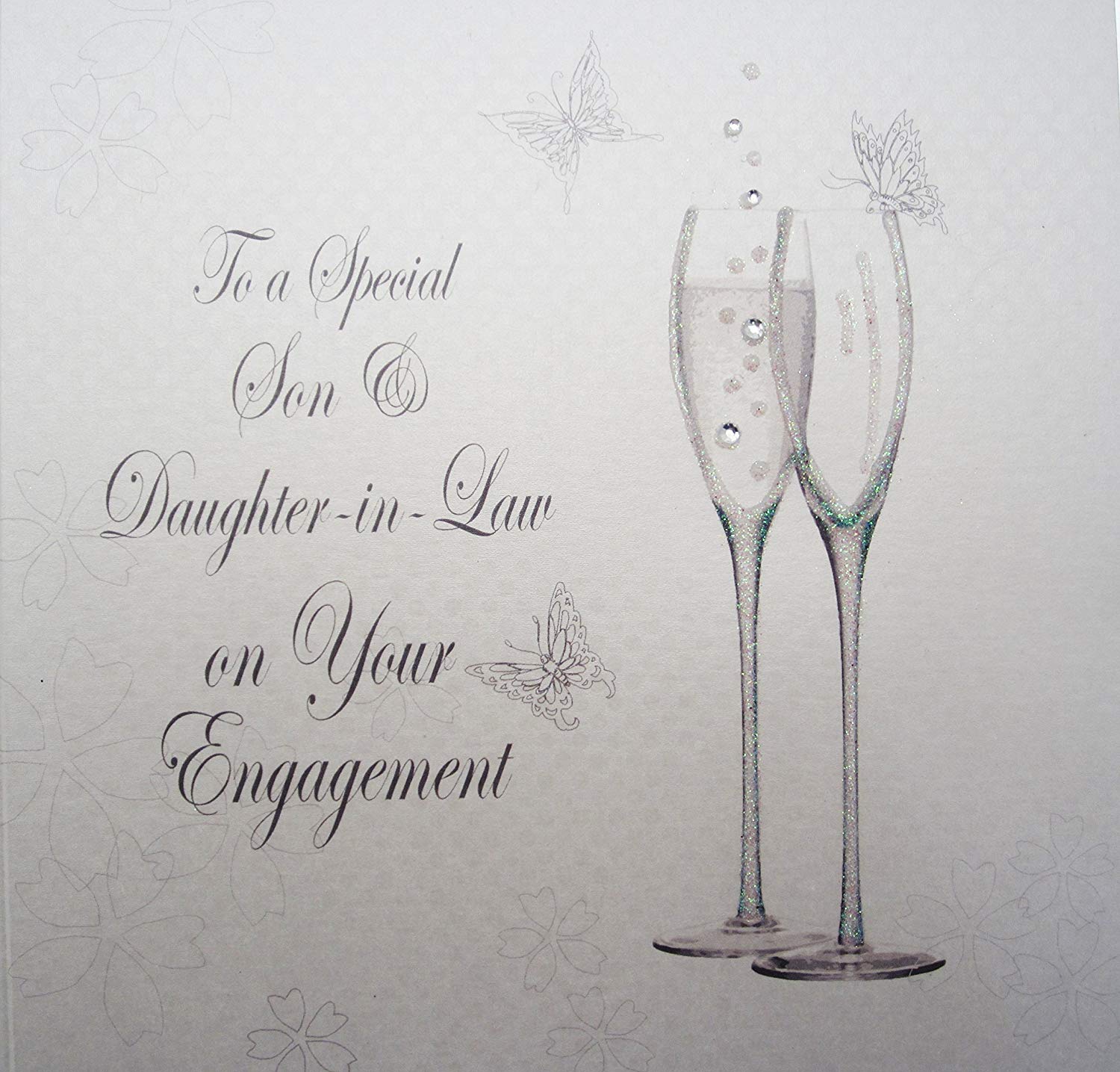 white cotton cards "To A Special Son & Daughter-in-Law On Your Engagement, Champagne Flutes Handmade Card, bd3-es