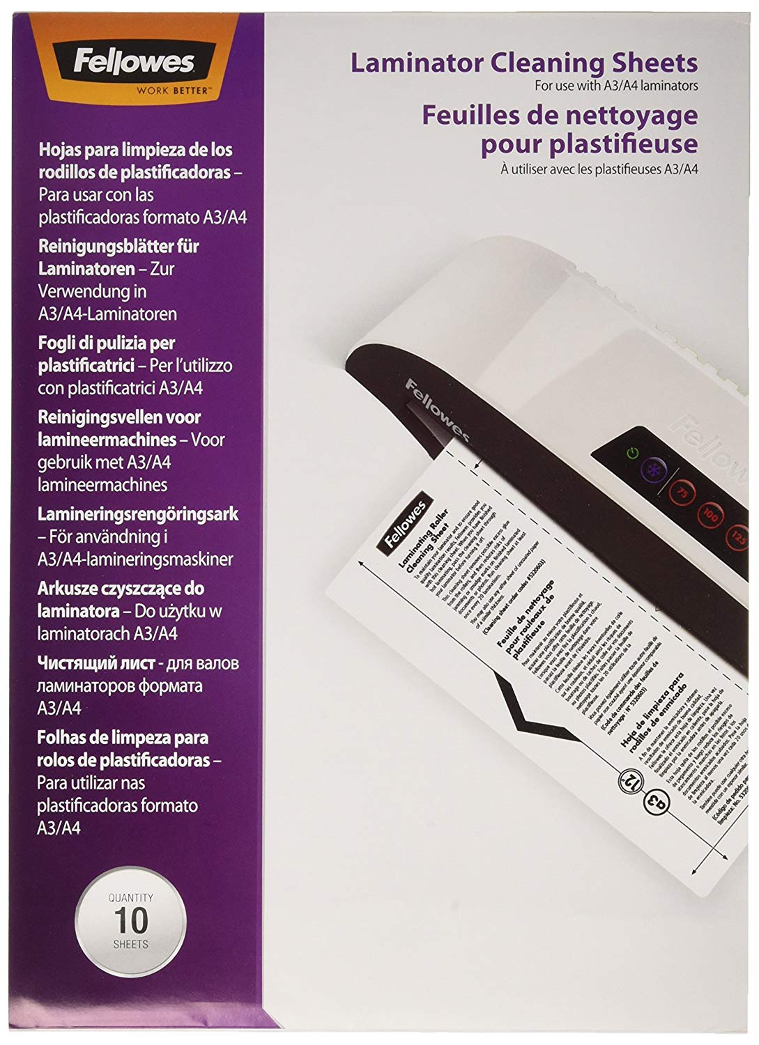Fellowes A4 Laminator Cleaning Sheets,White,(Pack of 10), Standard