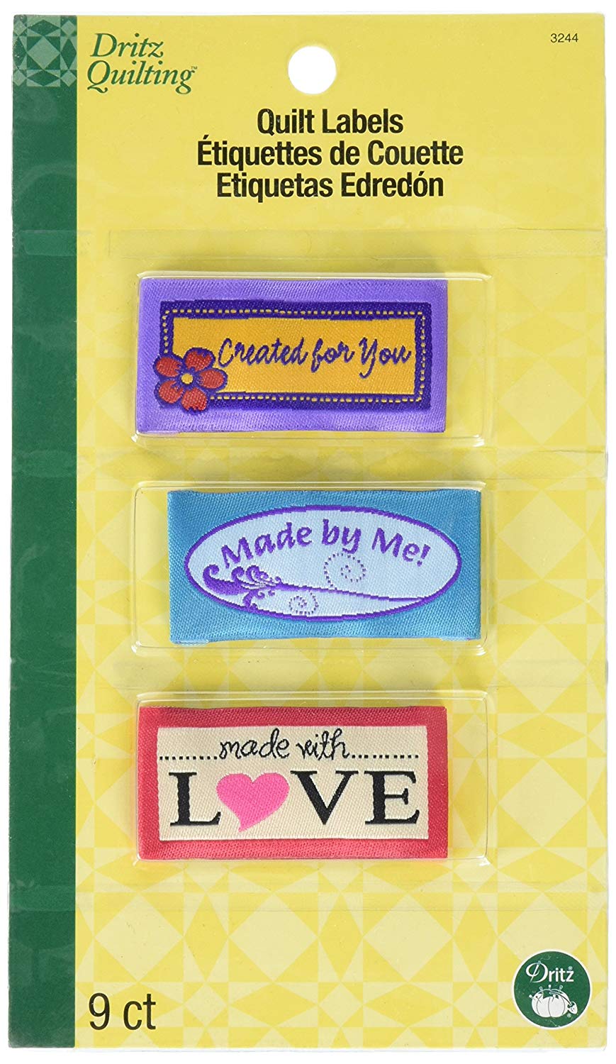 Dritz Quilting Sew-in Embroidered Labels 9/Pkg-Made with Love, Multicolor, 2-1/8" x 1" (53 mm x 25 mm)