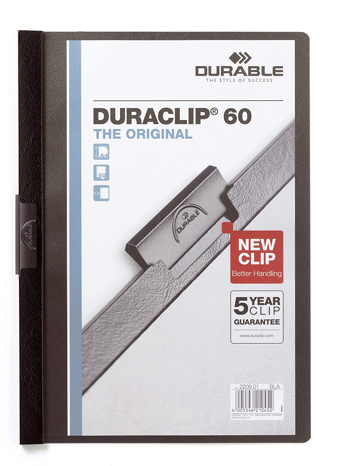 Durable DURACLIP 60 A4 Clip Folder - Holds up to 60 Sheets of A4 Paper - Robust Metal Sprung Clip - Pack of 5 Folders in Black