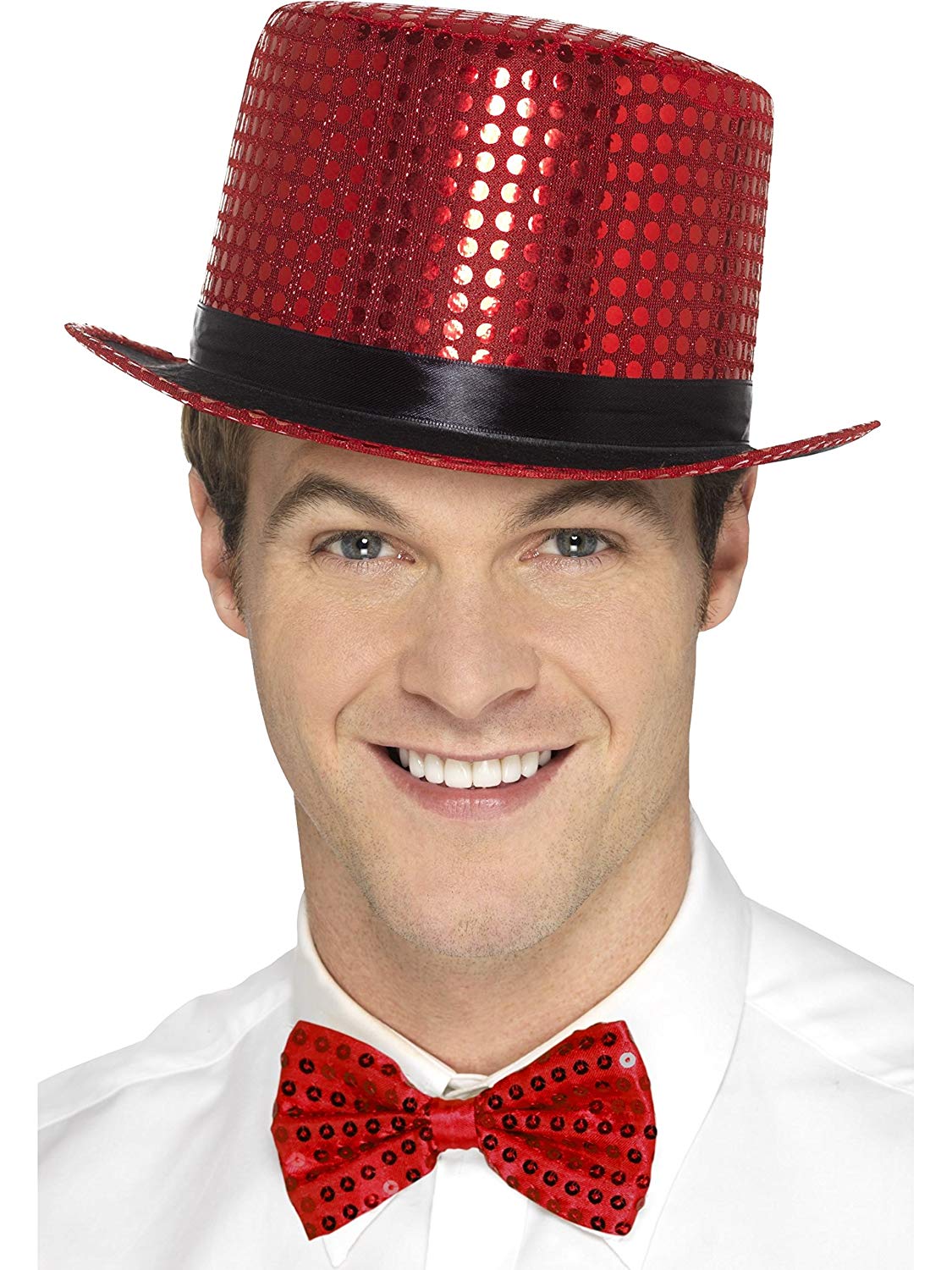 Smiffys Sequin Top Hat, Red with Elastic Inner Rim, Party & Carnival Fancy Dress, Adult Dress Up Hats