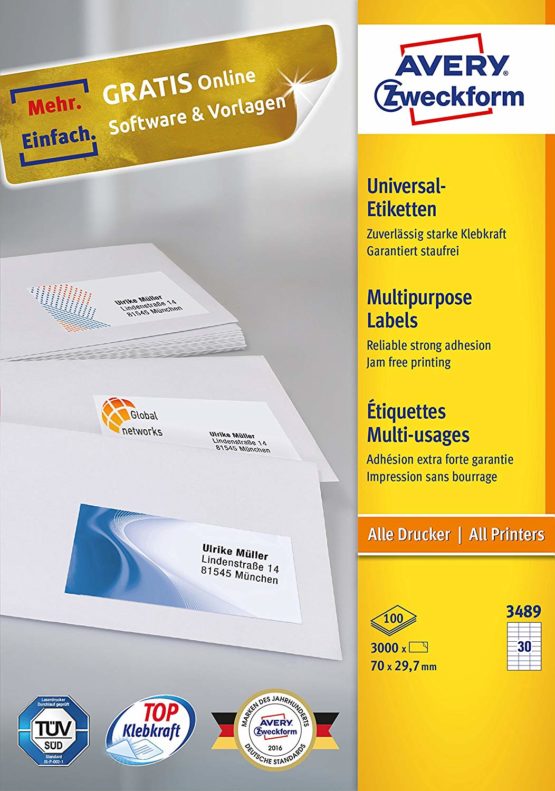 Avery Zweckform 3489 Universal Labels 100 Sheets 3,000 Labels 70 x 29.7 mm White - Image 2