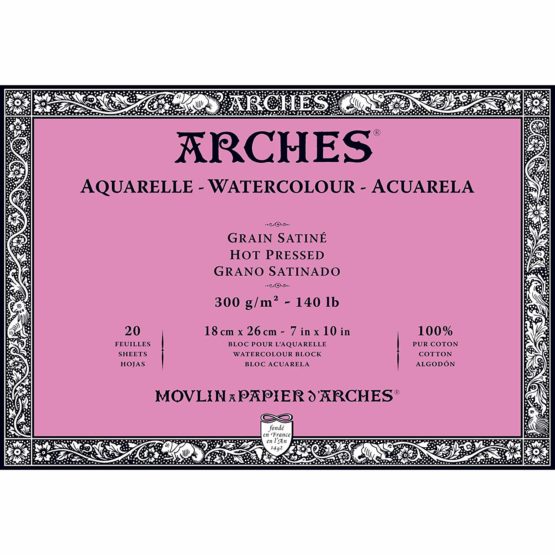 Arches Watercolour Block, 300 GSM, Hot Pressed, 18 x 26 cm, Wood, White