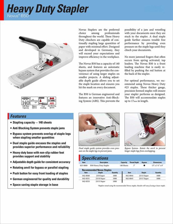 Novus B 50 Heavy Duty Stapler (Capacity of 140 Sheets, with Variable Insertion Depth up to 75 mm) Light Grey - Image 3