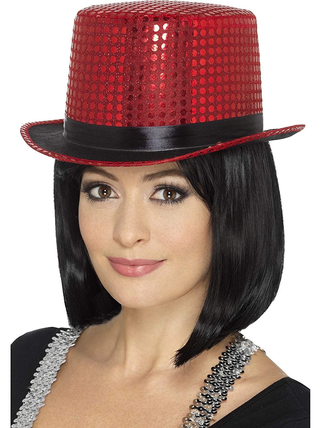 Smiffys Sequin Top Hat, Red with Elastic Inner Rim, Party & Carnival Fancy Dress, Adult Dress Up Hats - Image 2