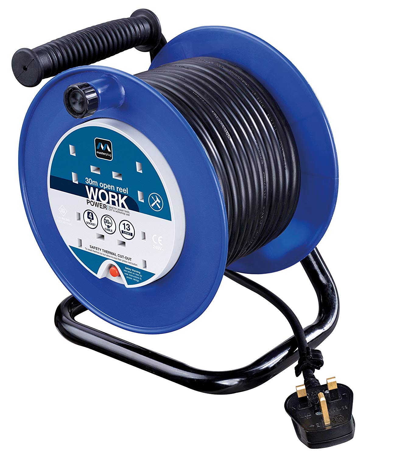 Masterplug Four Socket, 30 Metre Open Cable Reel, Medium Extension Lead Reel, Wind-Up Power Retractable Cord Reel, Heavy Duty