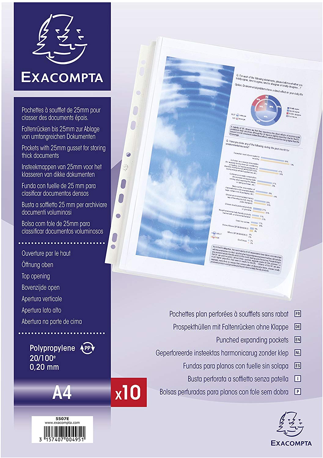 Exacompta, Ref 5507E, PP Expanding Punched Pockets, Suitable for Holding A4 Documents, 25mm Gusset & Flap