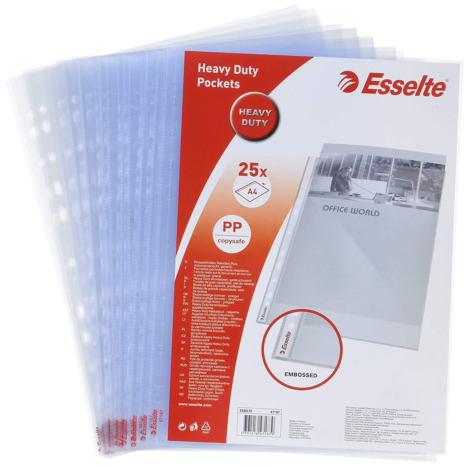 Esselte Heavy Duty Punched Pocket, Pack of 25, Holds up to 20 A4 sheets, Transparent, 115 Micron PP Material, 47187