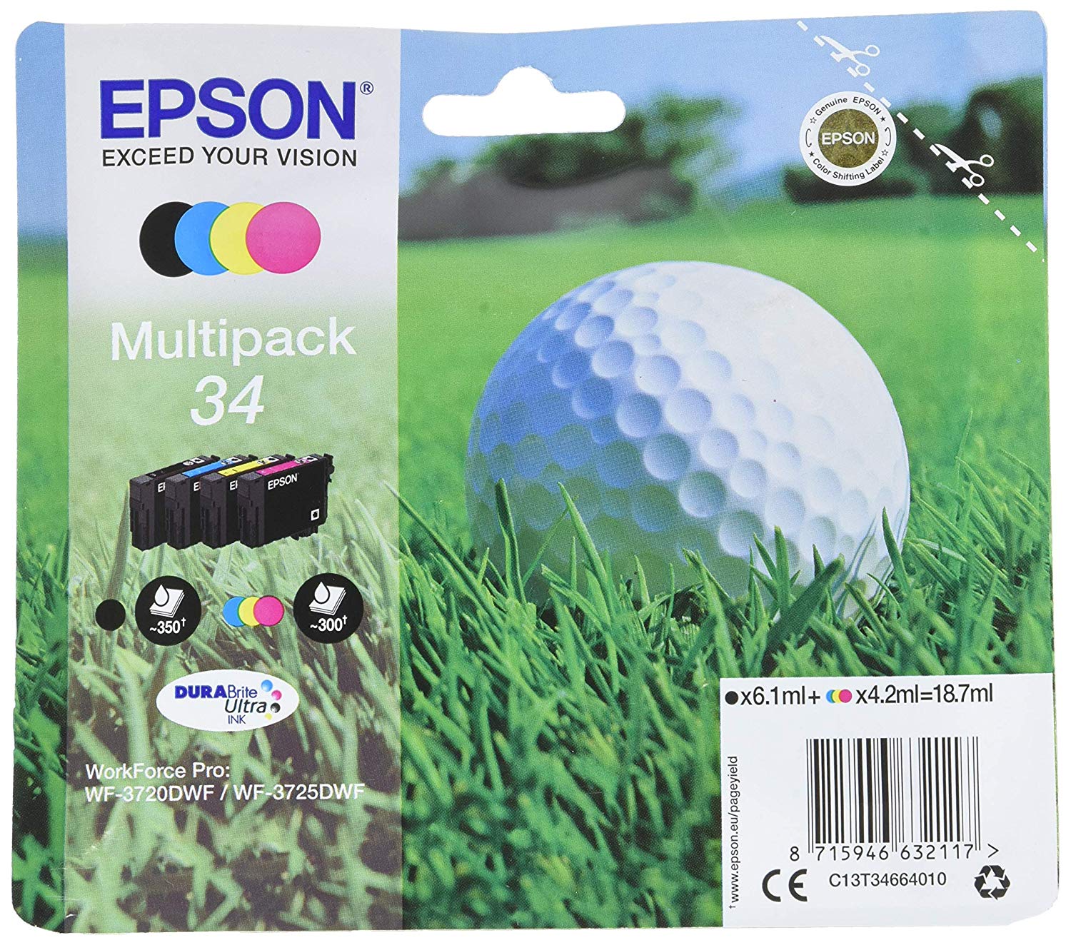 Epson 34 Golfball Genuine Multipack, 4-colours DURABrite Ultra Ink Cartridges,Black/Yellow/Magenta/Cyan, Black, Cyan, Magenta