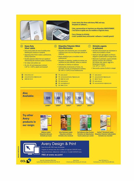 Avery L6008-5 Resistant Labels, Silver (A4 Sheet of 25 x 10 mm, 945 Labels) - Image 3