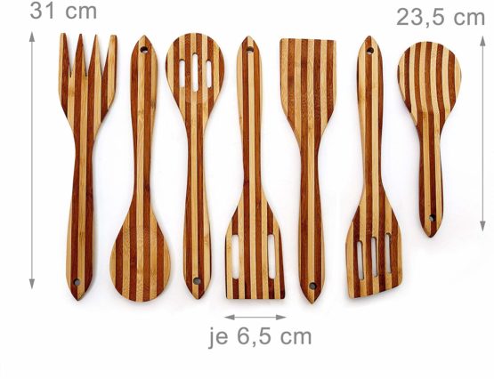 Relaxdays Kitchen Utensil Set Of 7: 6.5 x 31 cm Cooking Tools Made of Striped Bamboo, Hanging Utensils W/ Wooden Spoon, Slotted Spatula, Sauce Spoon, Stirring Ladle, Spatula & Salad Servers, Brown - Image 3
