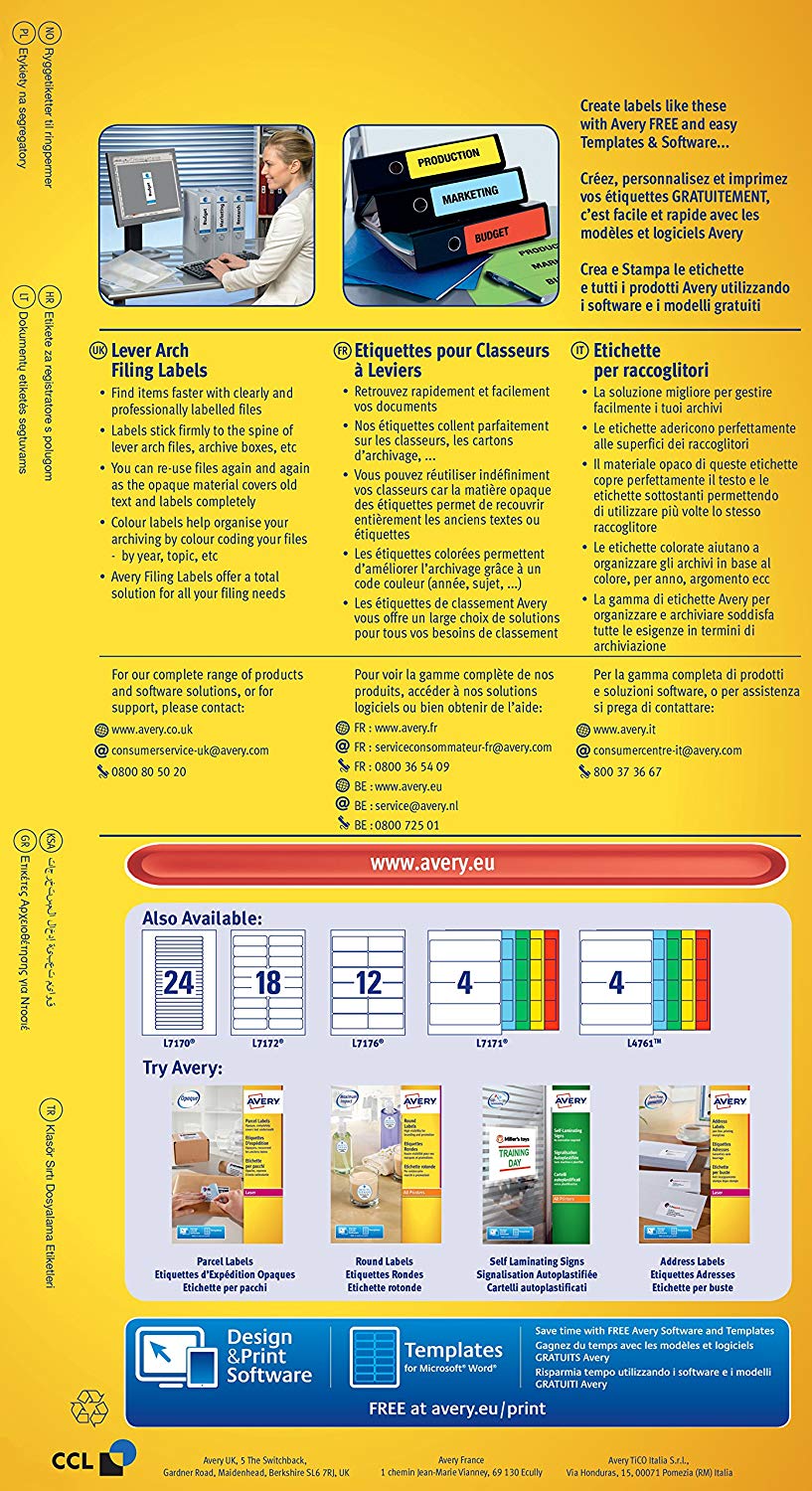Avery L7171A-20 Printable, Customisable Assorted Colours Lever Arch File Labels, 4 Labels Per A4 Sheet, 80 Labels Per Pack - Image 2