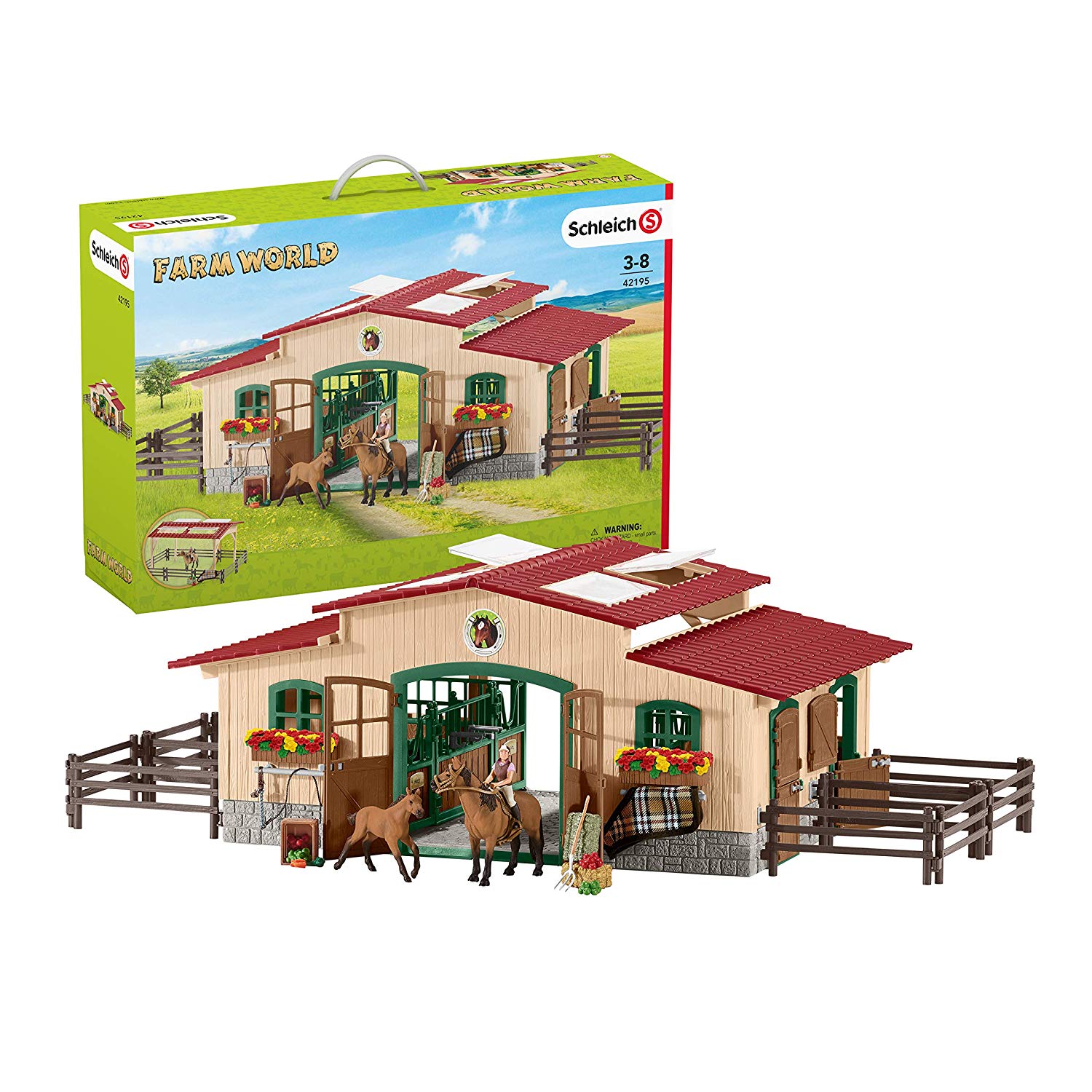 SCHLEICH Farm World, 96PC Horse Barn and Stable Playset, Riding Center with 2 Pony Toys, Rider Figurine, and accessories