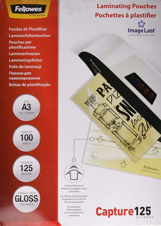 Fellowes A3 Laminating Pouches, Gloss, 250 Micron (2 x 125 Micron) with Image Last Directional Quality Mark - Pack of 100, transparent