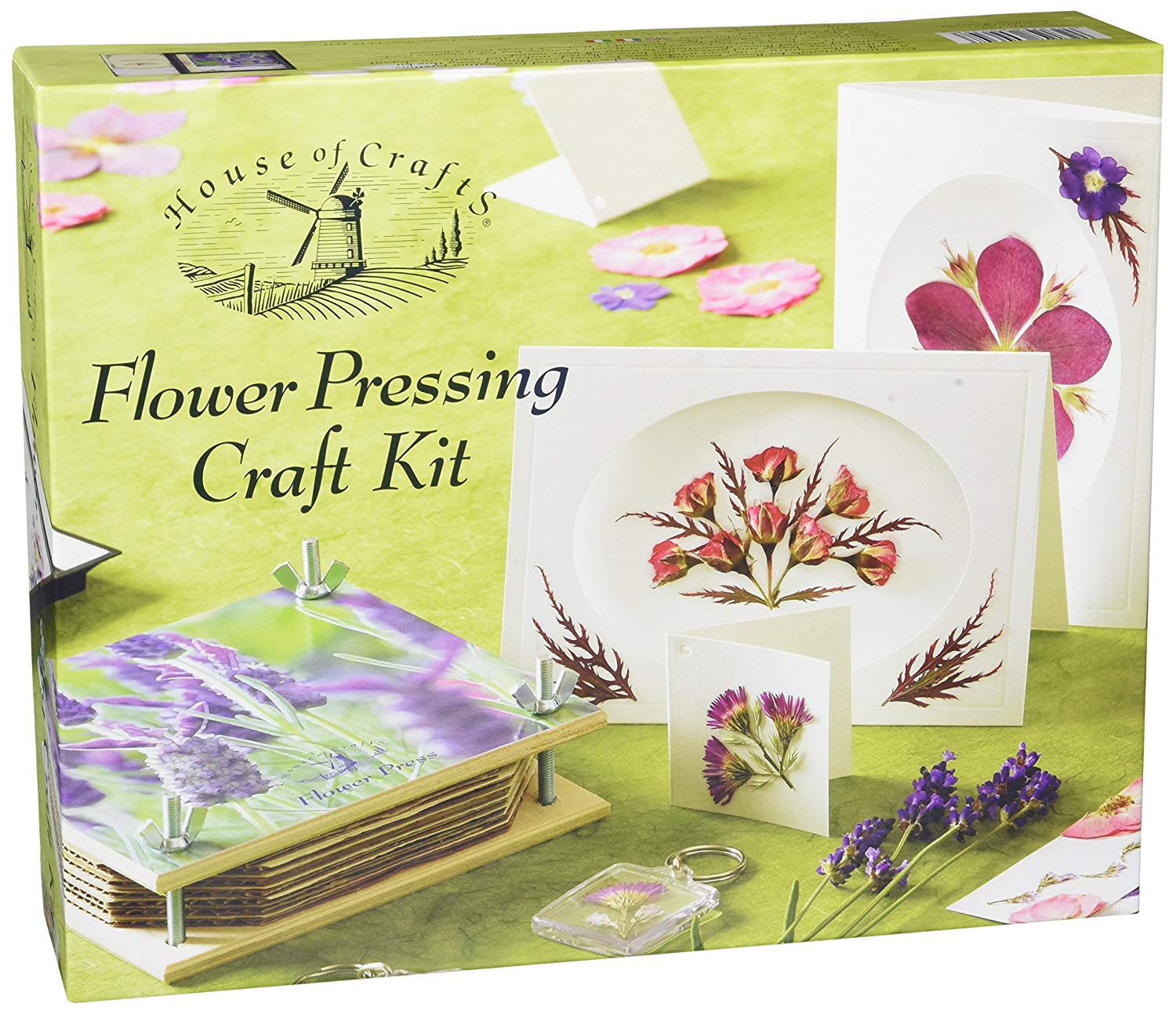 House of Crafts Flower Pressing, Single Craft Kit Set, Multicoloured, Includes Press, Keyring Fob, Cards, Envelopes, Bookmark