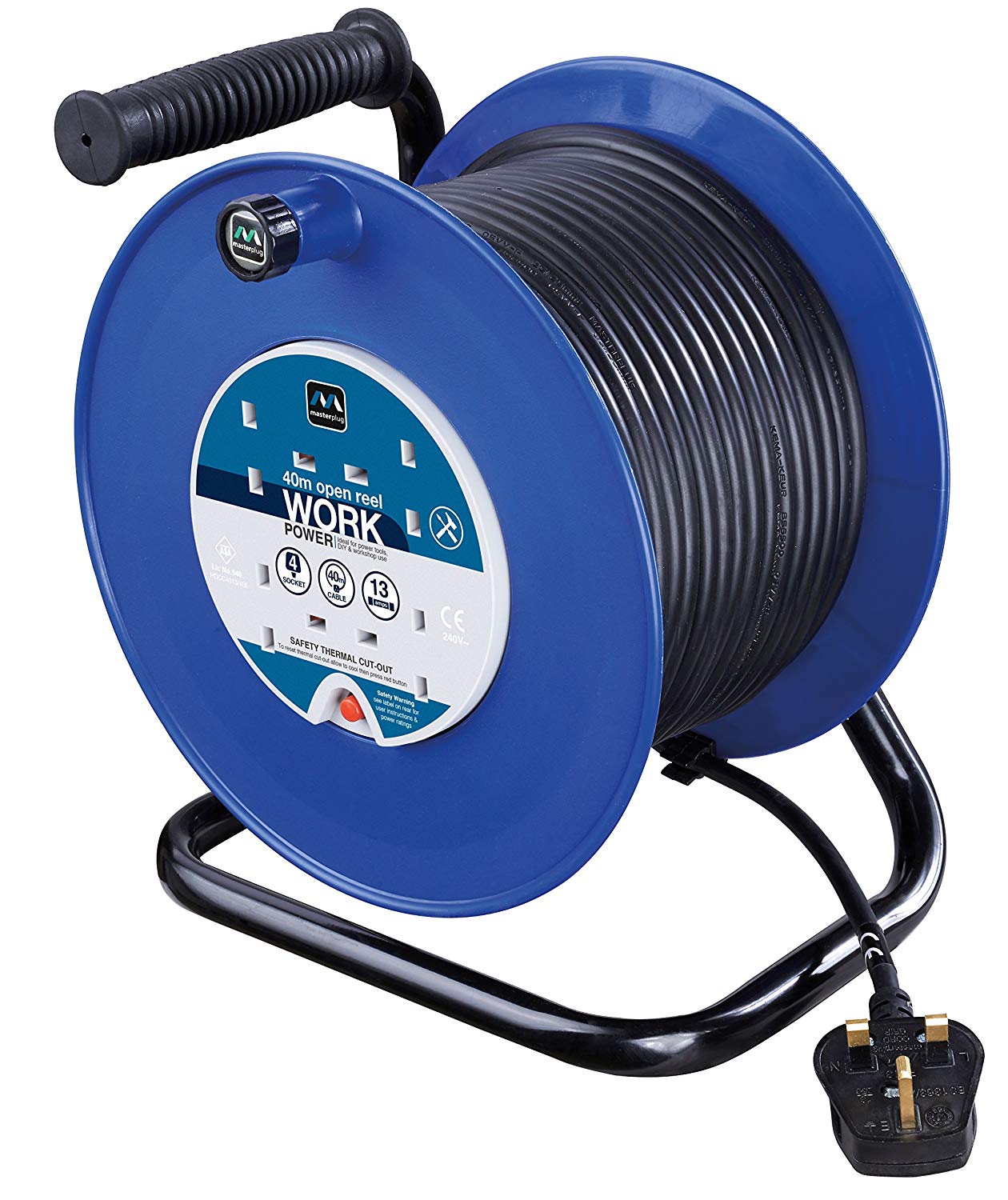Masterplug Four Socket, 40 Metre Open Cable Reel, Large Extension Lead Reel, Wind-Up Power Retractable Cord Reel, Heavy Duty