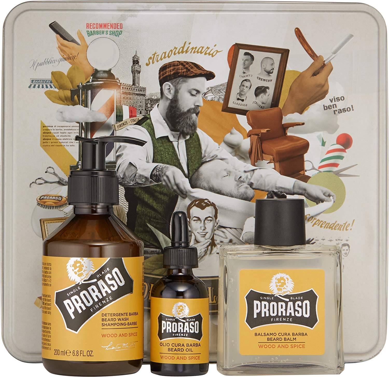 Proraso Wood and Spice Beard Care Kit for Men (Trio Pack), Gift Set including Beard Wash, Beard Oil and Beard Balm, Made in Italy