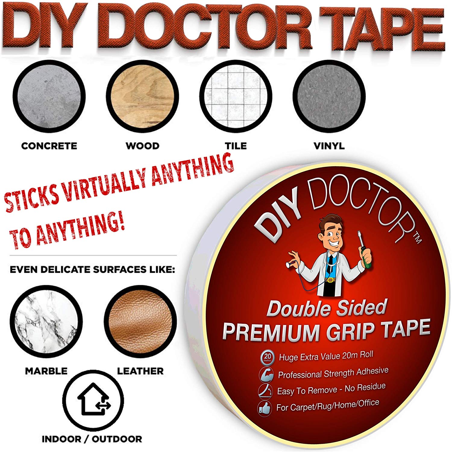 DIY Doctor Double Sided Carpet Tape Heavy Duty, 1 Pack (20 Meters x 21mm), No Residue Extra Strong Sticky Rug Grip Tape - Image 2