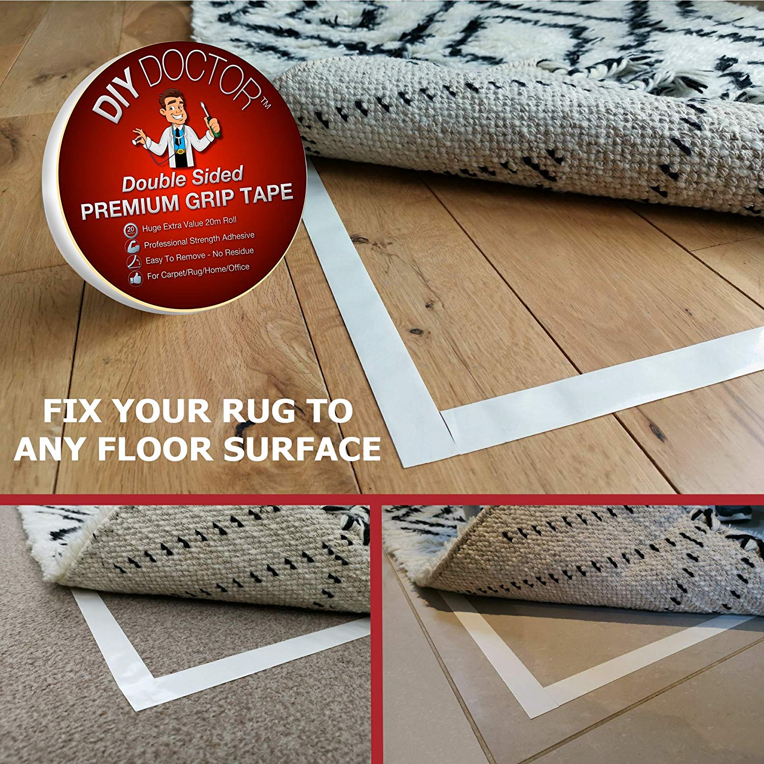 DIY Doctor Double Sided Carpet Tape Heavy Duty, 1 Pack (20 Meters x 21mm), No Residue Extra Strong Sticky Rug Grip Tape - Image 4