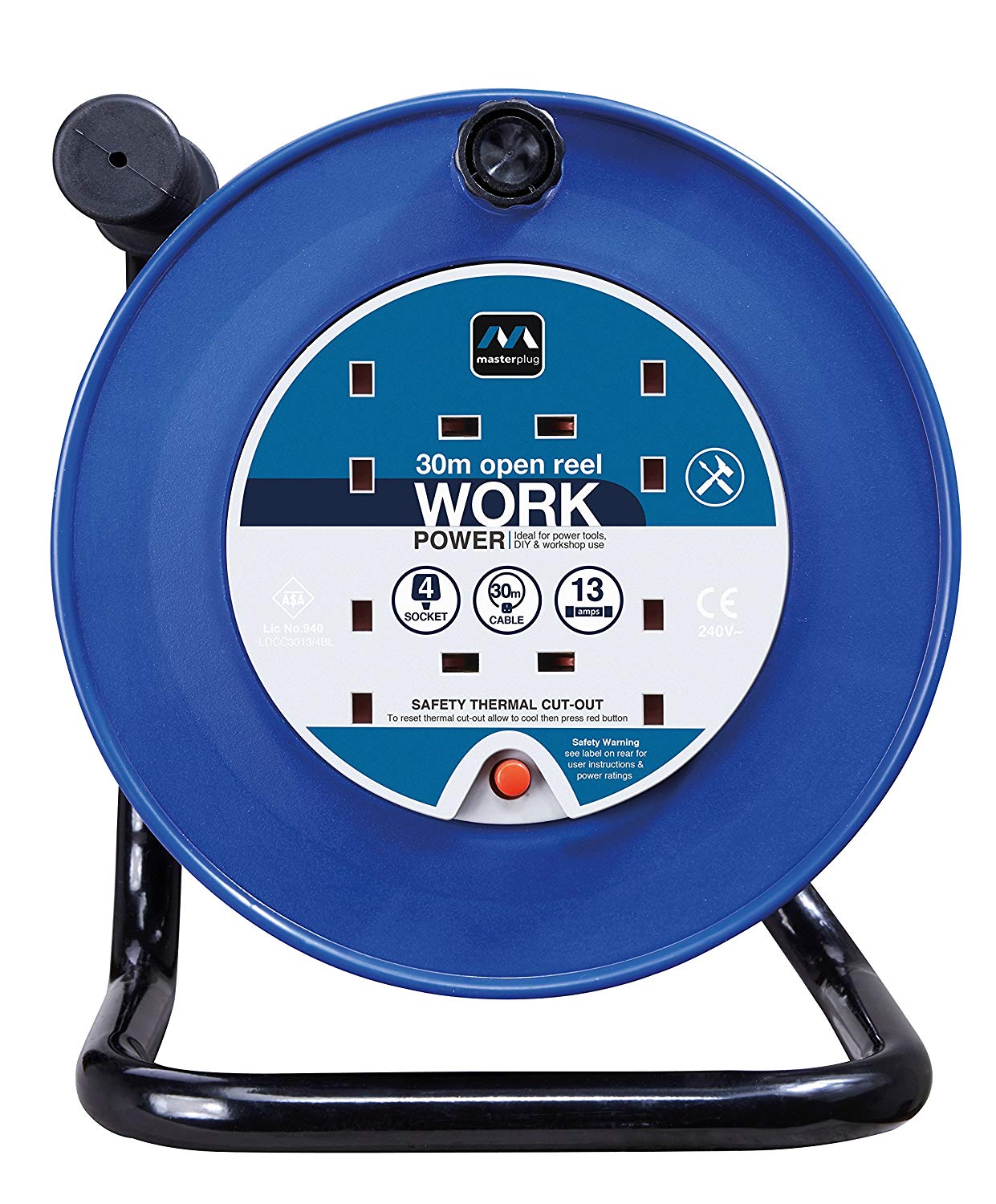 Masterplug Four Socket, 30 Metre Open Cable Reel, Medium Extension Lead Reel, Wind-Up Power Retractable Cord Reel, Heavy Duty - Image 2