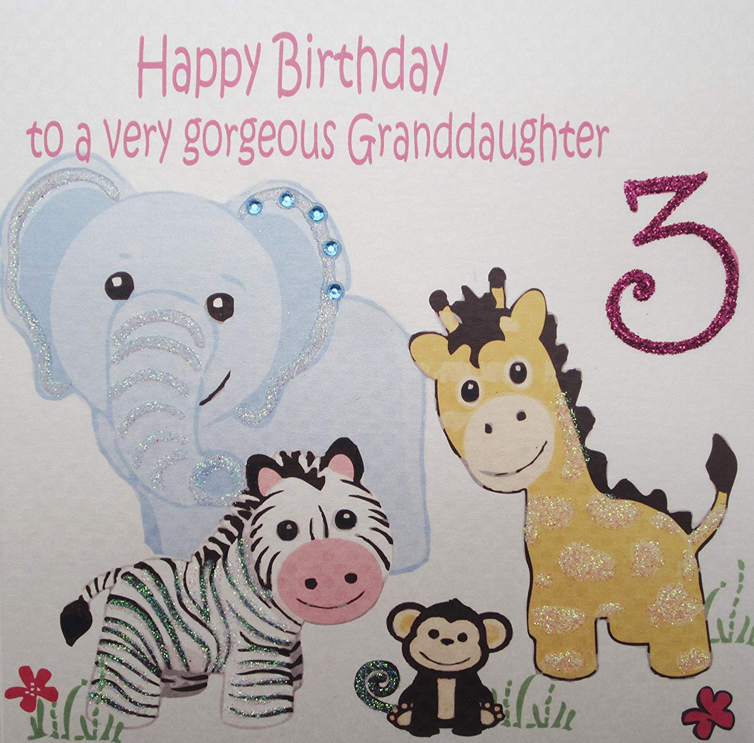 white cotton cards "Happy Birthday To A Very Gorgeous Granddaughter 3" Safari Animals 3rd Birthday Card, White, GL220-GD3