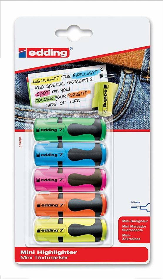 edding 7 Mini Highlighter - Neon Colours - 5 Highlighter Pens - Chisel Nib 1-3 mm - Small Highlighter In Trendy Colours - for Bullet Journals, School, College, University Or The Office