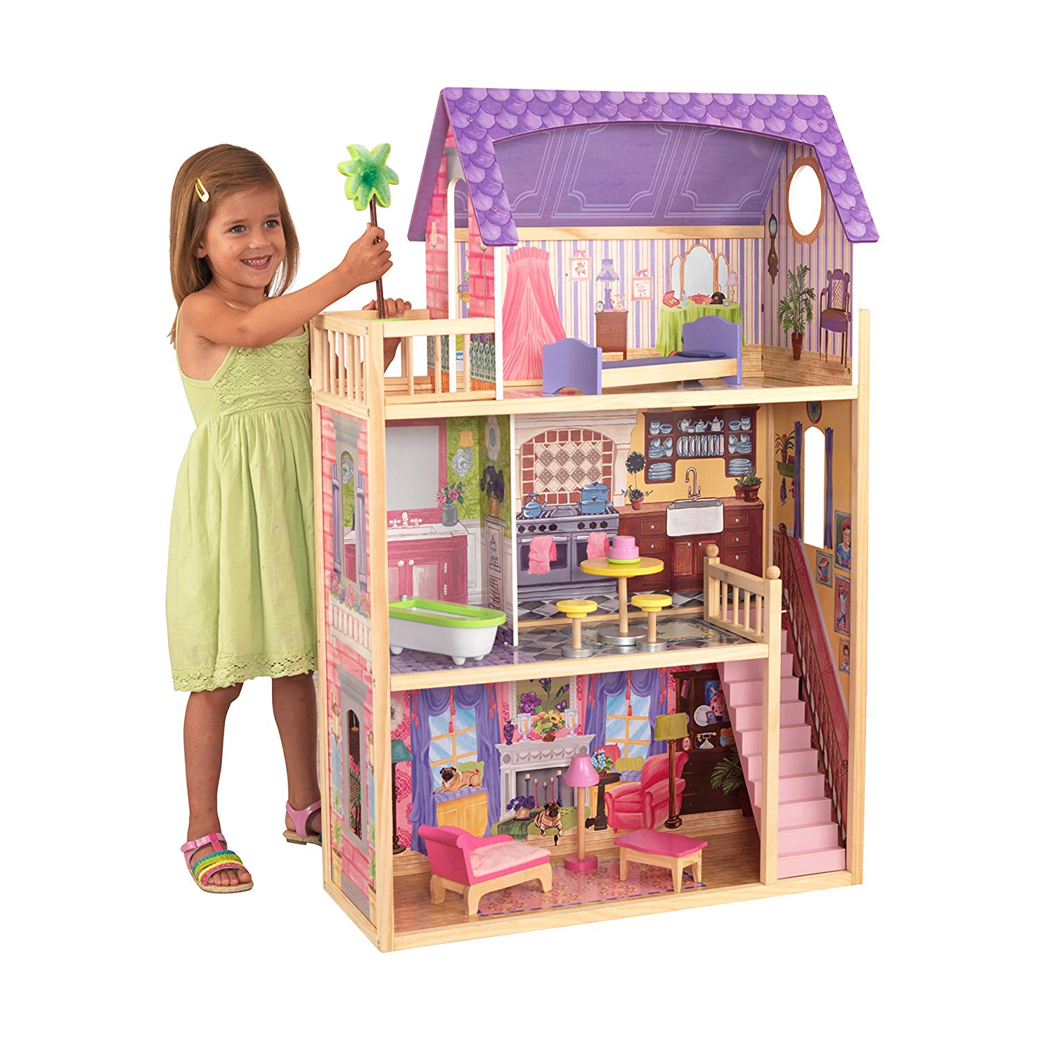 KidKraft Kayla Wooden Dolls House with Furniture and Accessories Included, 3 Storey Play Set for 30 cm/12 Inch Dolls - Image 2