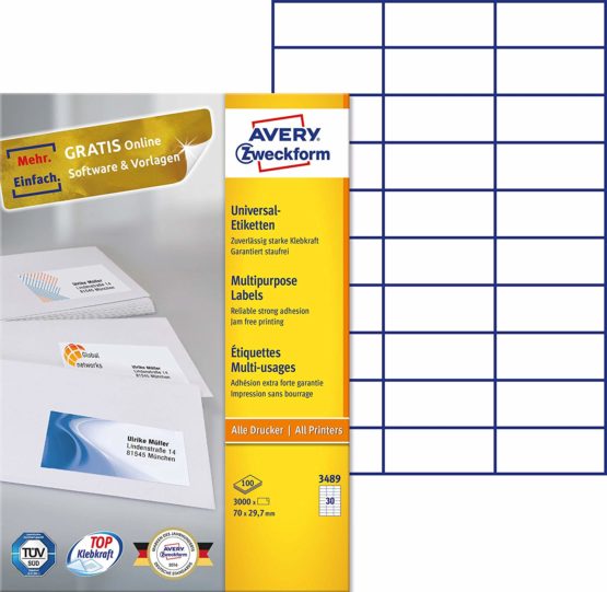 Avery Zweckform 3489 Universal Labels 100 Sheets 3,000 Labels 70 x 29.7 mm White