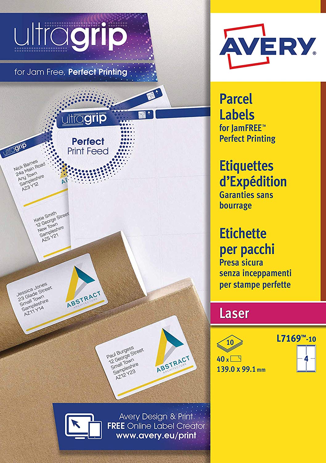 Avery JamFREE, Printable, Parcel Labels, FSC Certified, 139 x 99.1mm, White, 4 per Sheet, 40 Blank Labels per Pack (L7169) - Image 2