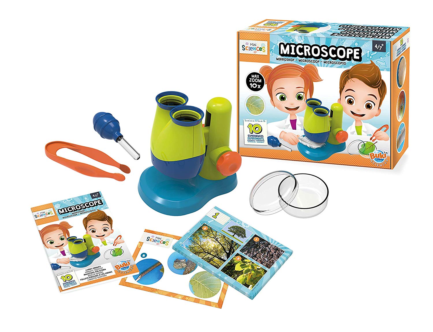 Buki France Mini Sciences Microscope with 10 Experiments & LED Light. Beginner Microscope STEM Kit. 10x Zoom With Large Eyepieces. Includes Illustrated Booklet & Accessories. Gift for Boys & Girls 4+ - Image 2