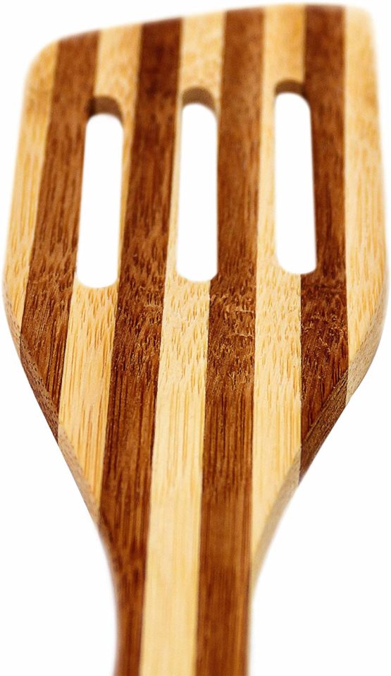 Relaxdays Kitchen Utensil Set Of 7: 6.5 x 31 cm Cooking Tools Made of Striped Bamboo, Hanging Utensils W/ Wooden Spoon, Slotted Spatula, Sauce Spoon, Stirring Ladle, Spatula & Salad Servers, Brown - Image 4