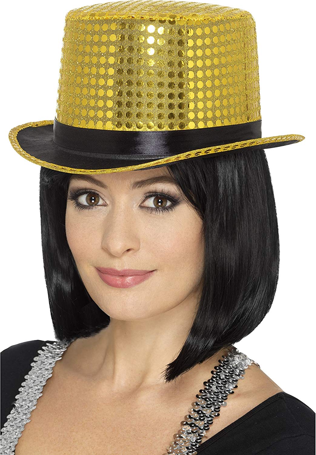 Smiffys Sequin Top Hat, Gold with Elastic Inner Rim, Party & Carnival Fancy Dress, Adult Dress Up Hats - Image 2