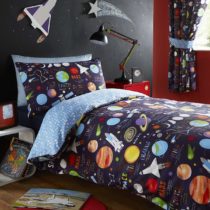 Kidz Club Planets Double Duvet Cover and 2 Pillowcase Set Bedding for Boy's Kidz Sun Mars and Moon, Polyester-Cotton, Dark Blue