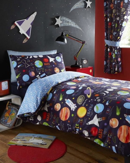 Kidz Club Planets Double Duvet Cover and 2 Pillowcase Set Bedding for Boy's Kidz Sun Mars and Moon, Polyester-Cotton, Dark Blue
