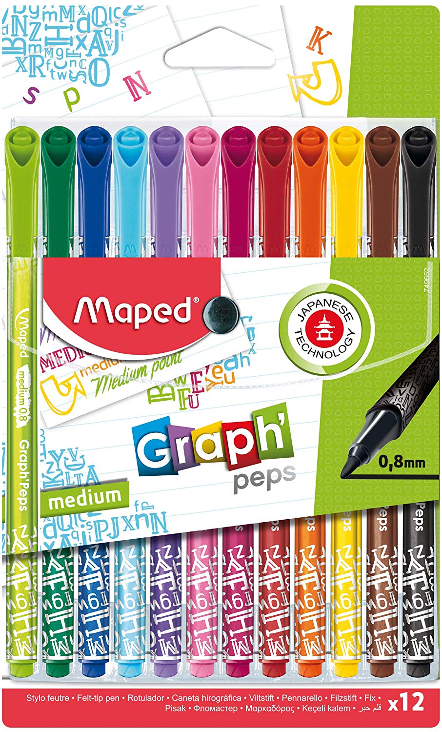 Maped Graph'peps Fineliner Pens- Medium Tip, Gemischt, 12 count (Pack of 1)