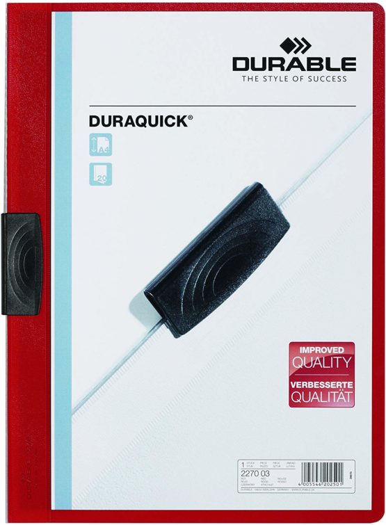 Durable Duraquick A4 Clip Folder, Clear PVC Plastic Front Holds up to 20 Sheets, Red, Box of 20