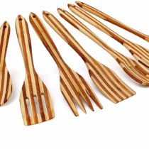 Relaxdays Kitchen Utensil Set Of 7: 6.5 x 31 cm Cooking Tools Made of Striped Bamboo, Hanging Utensils W/ Wooden Spoon, Slotted Spatula, Sauce Spoon, Stirring Ladle, Spatula & Salad Servers, Brown