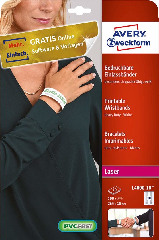 Avery Zweckform L4000-10 Wristbands (265 x 18 mm 160 g/m² 10 Sheets/100 Labels) White