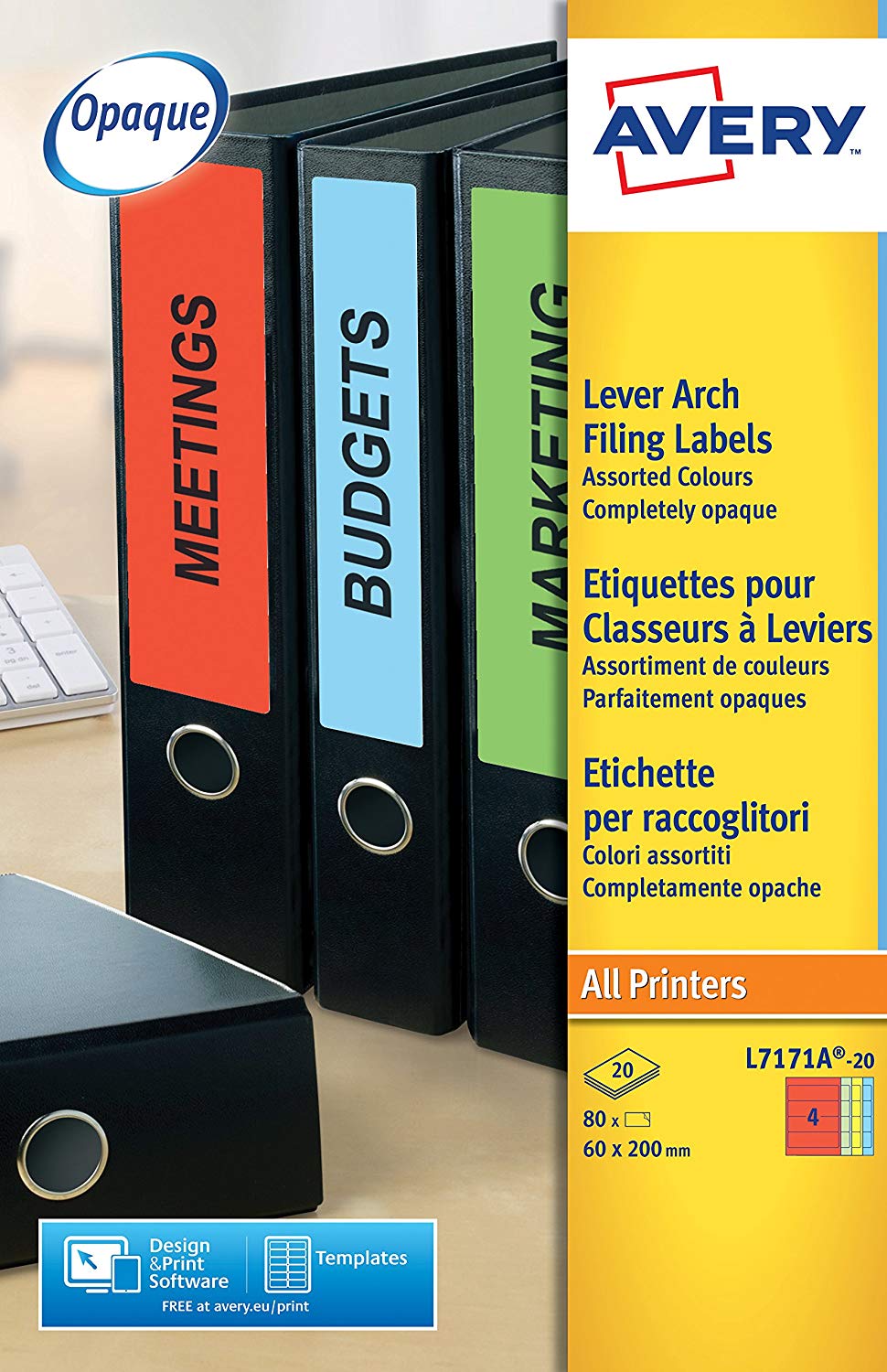 Avery L7171A-20 Printable, Customisable Assorted Colours Lever Arch File Labels, 4 Labels Per A4 Sheet, 80 Labels Per Pack - Image 3