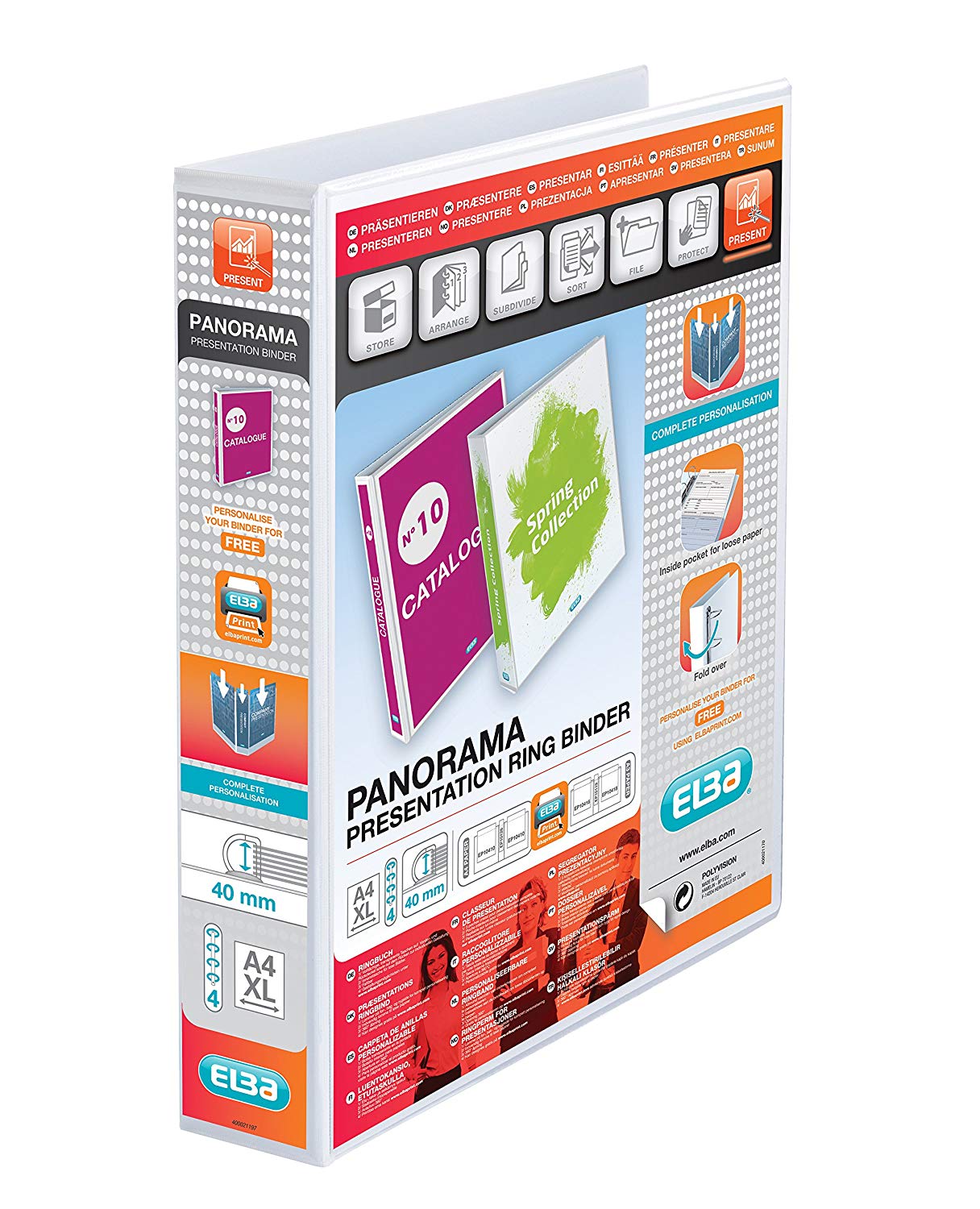 Elba A4 4 D-Ring Binder, 40mm capacity, 60mm spine, Presentation Folder with Customisable Cover, Portrait, White (Pack of 6)