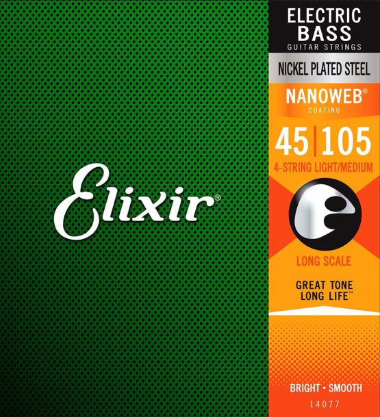 Elixir 14077 Strings Nickel Plated Steel 4-String Bass Strings w NANOWEB Coating, Long Scale, Light/Medium (.045-.105), White Black Red Blue
