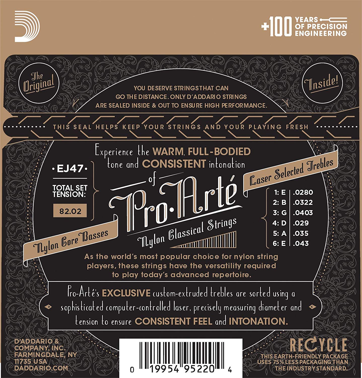 D'Addario Guitar Strings, Pro-Arte Classical Guitar Strings, EJ47, Nylon Guitar Strings, 80/20 Bronze Wound, Nylon Core - Image 2